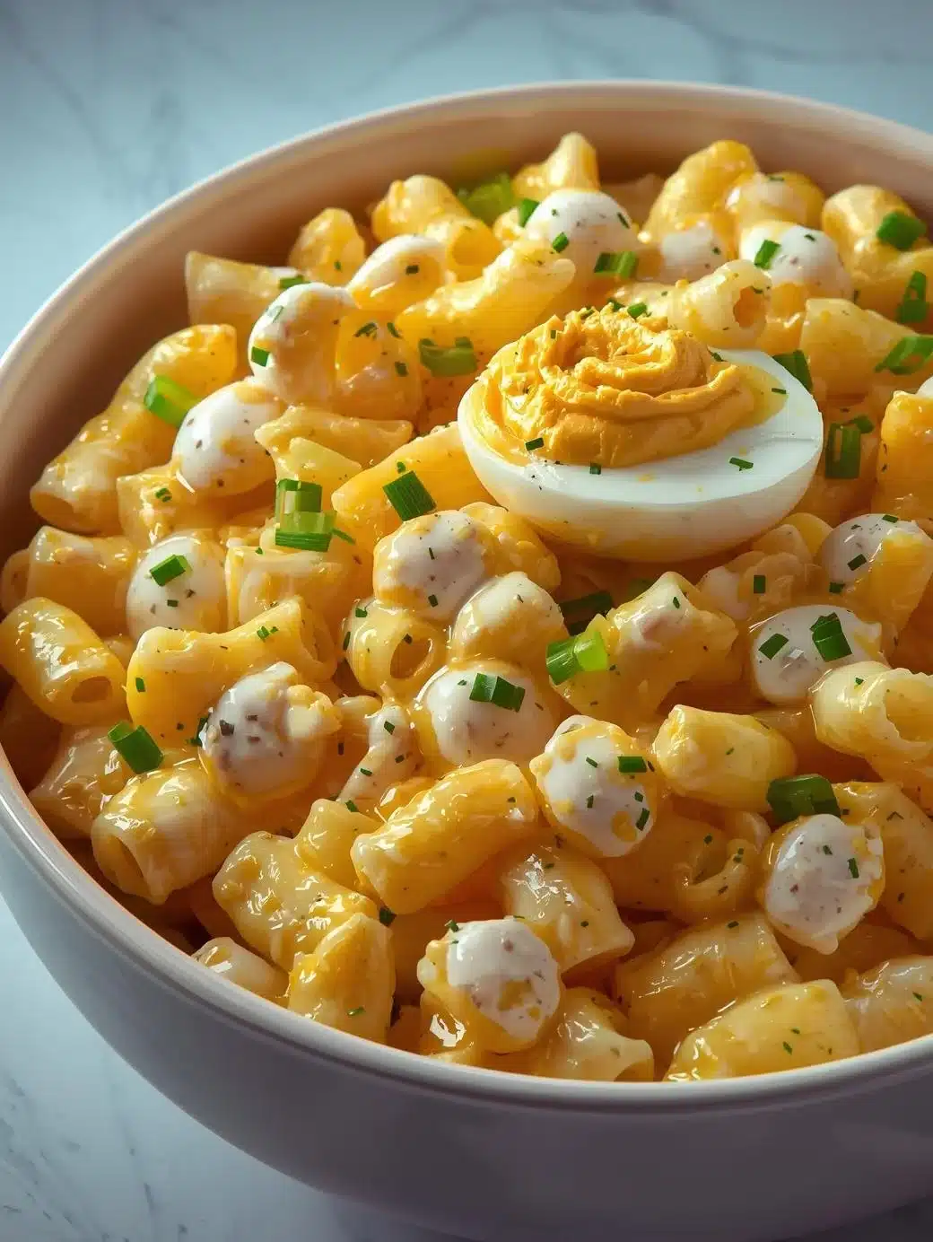 Delicious deviled egg macaroni salad served in a bowl with fresh herbs