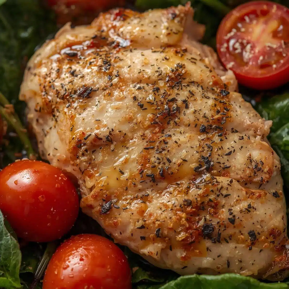 Delicious easy chicken dinner served with vegetables and herbs