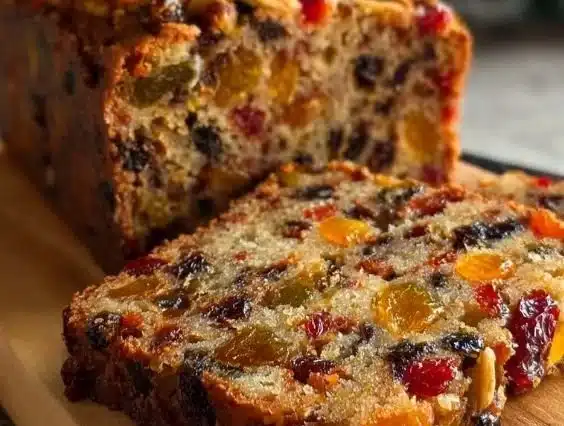 A delicious homemade easy fruitcake topped with nuts and dried fruits