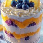 Easy lemon blueberry cheesecake trifle with fresh blueberries and lemon zest.