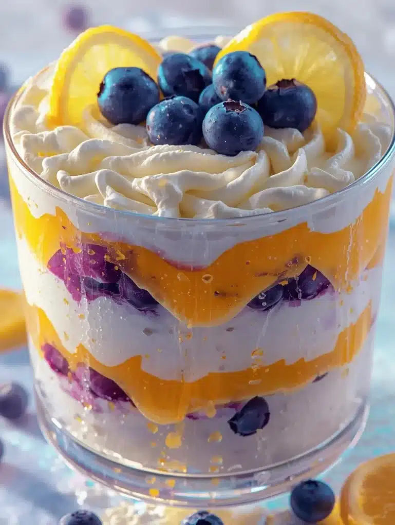 Easy lemon blueberry cheesecake trifle with fresh blueberries and lemon zest.