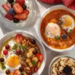 Delicious Mediterranean breakfast dishes including olives, feta, and fresh vegetables.