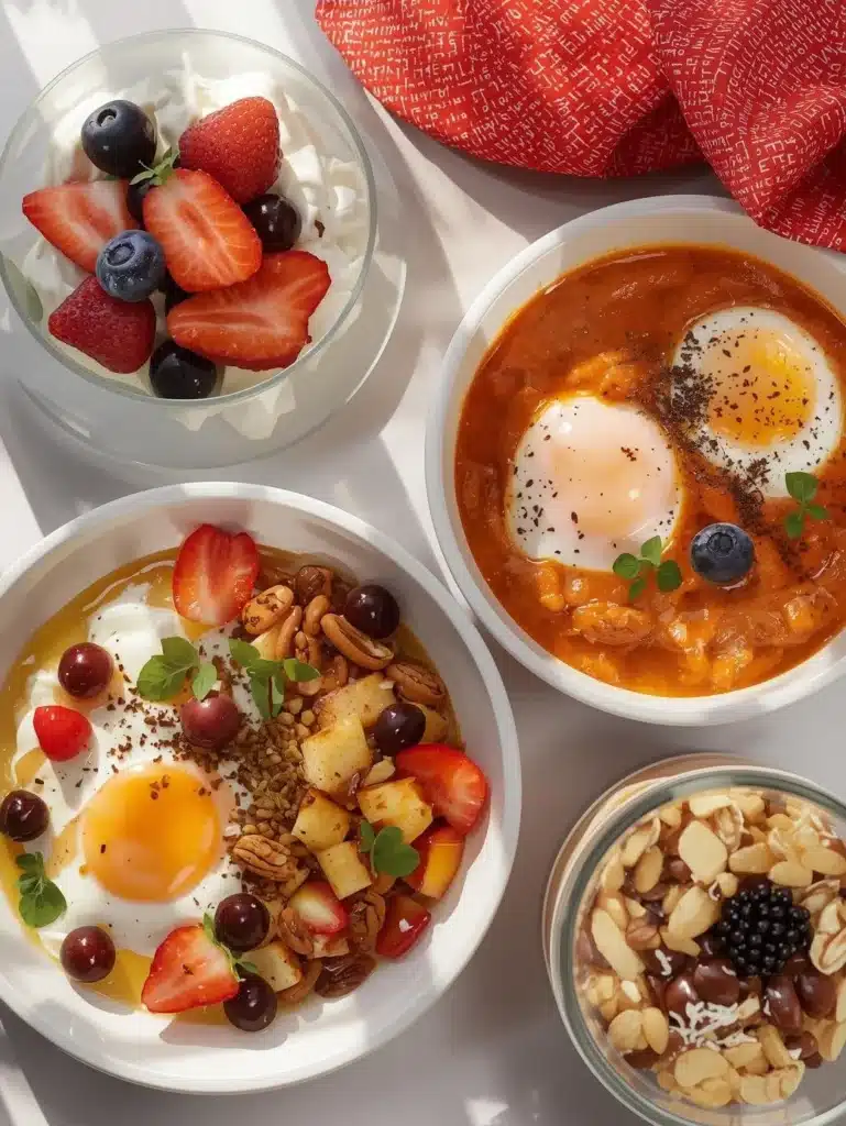 Delicious Mediterranean breakfast dishes including olives, feta, and fresh vegetables.