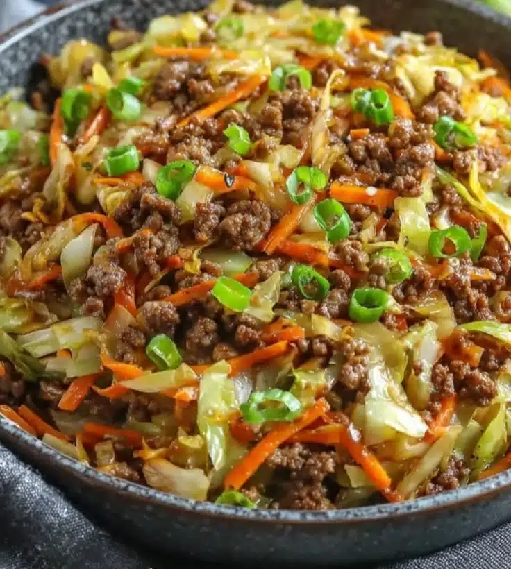 A vibrant bowl filled with egg roll ingredients like cabbage, carrots, and protein.