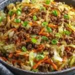 Bowl of egg roll in a bowl with colorful vegetables and ground meat.