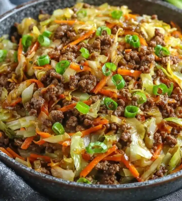 Bowl of egg roll in a bowl with colorful vegetables and ground meat.