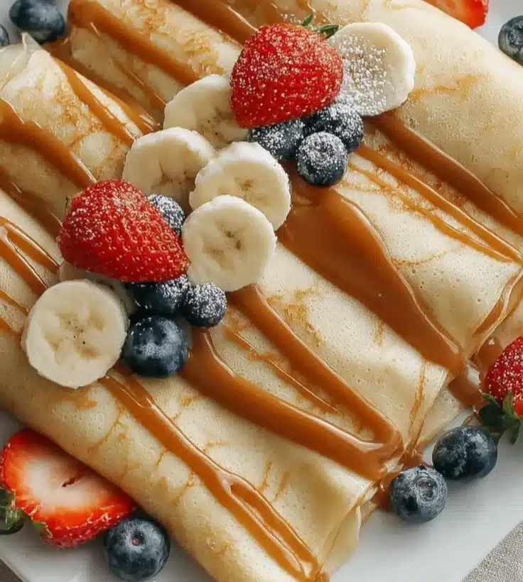 Fluffy egg white crepes served with fresh toppings on a plate.