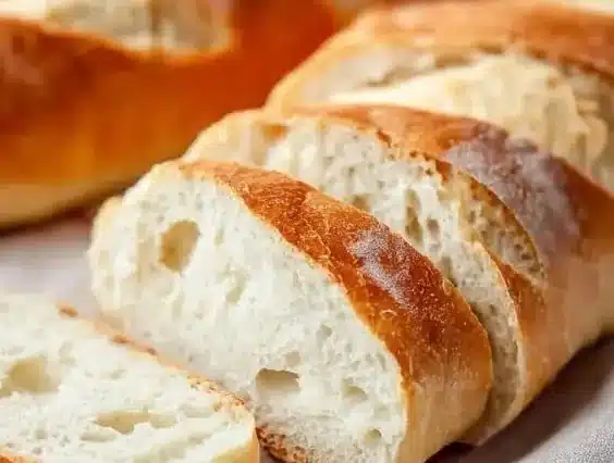 Freshly baked traditional French bread loaf on a wooden table