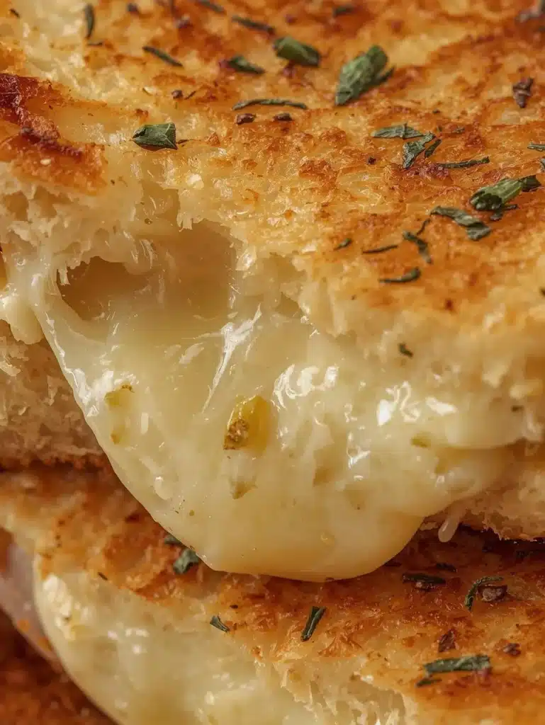 Delicious garlic bread grilled cheese sandwich with melted cheese and crispy crust