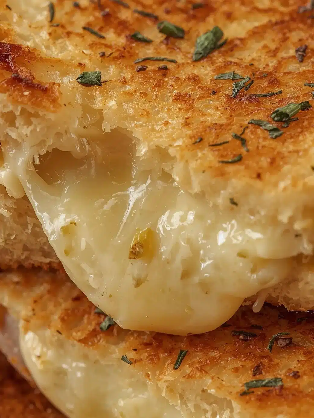 Delicious garlic bread grilled cheese sandwich with melted cheese and crispy crust