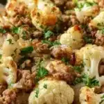 Delicious Garlic Butter Ground Turkey with Cauliflower in a skillet