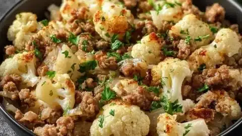 Delicious Garlic Butter Ground Turkey with Cauliflower in a skillet