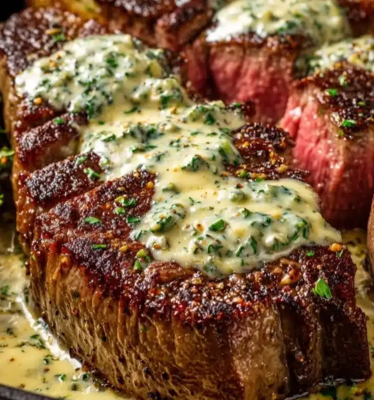 Delicious Garlic Butter Steak garnished with fresh herbs.