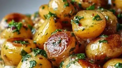Garlic sauce drizzled over roasted baby potatoes, garnished with herbs.
