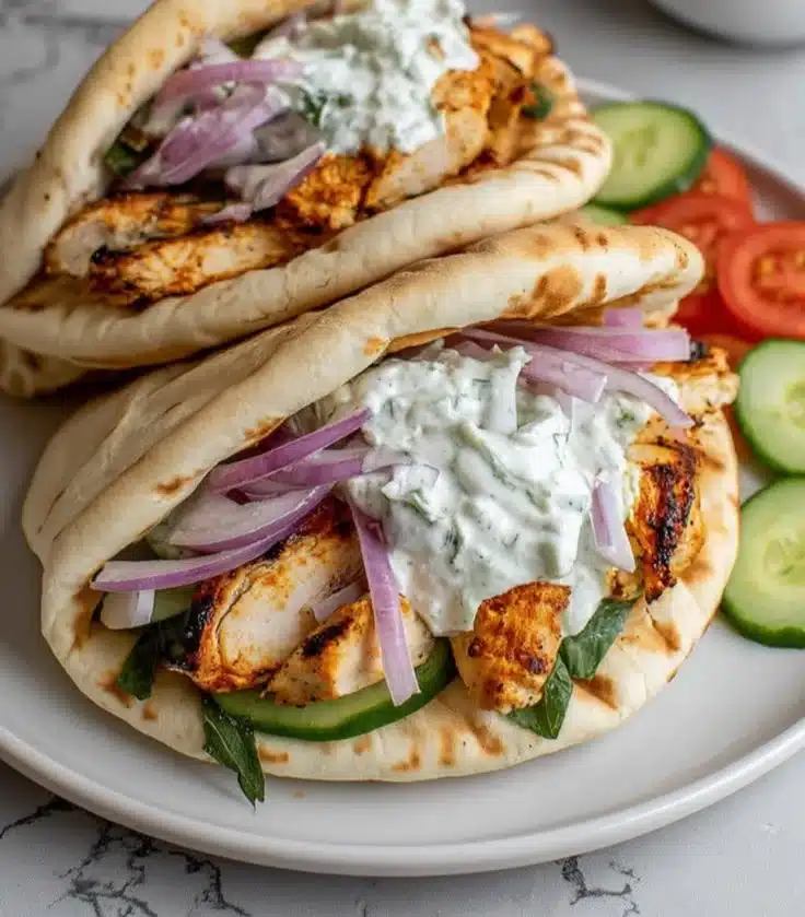 Delicious Greek Chicken Pitas with fresh vegetables and tzatziki sauce.