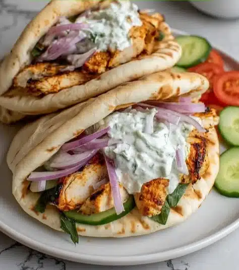 Delicious Greek chicken pitas filled with fresh veggies and tzatziki sauce