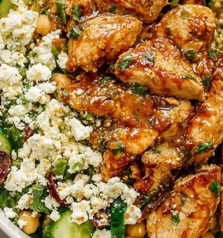 Delicious Greek chickpea chicken bowls with fresh ingredients and vibrant flavors