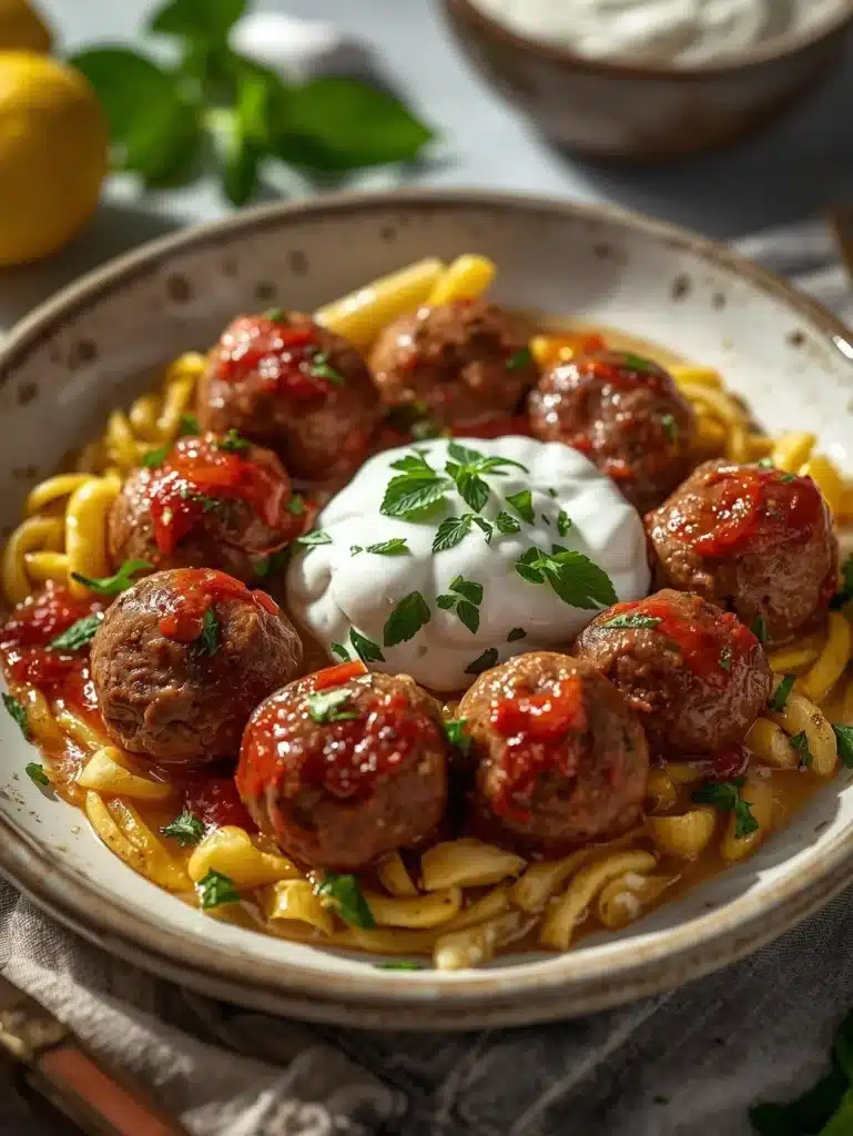 Plate of Greek-style meatballs with creamy tzatziki sauce