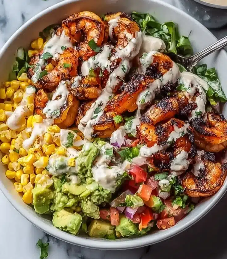 Delicious grilled shrimp bowl topped with fresh vegetables and seasonings