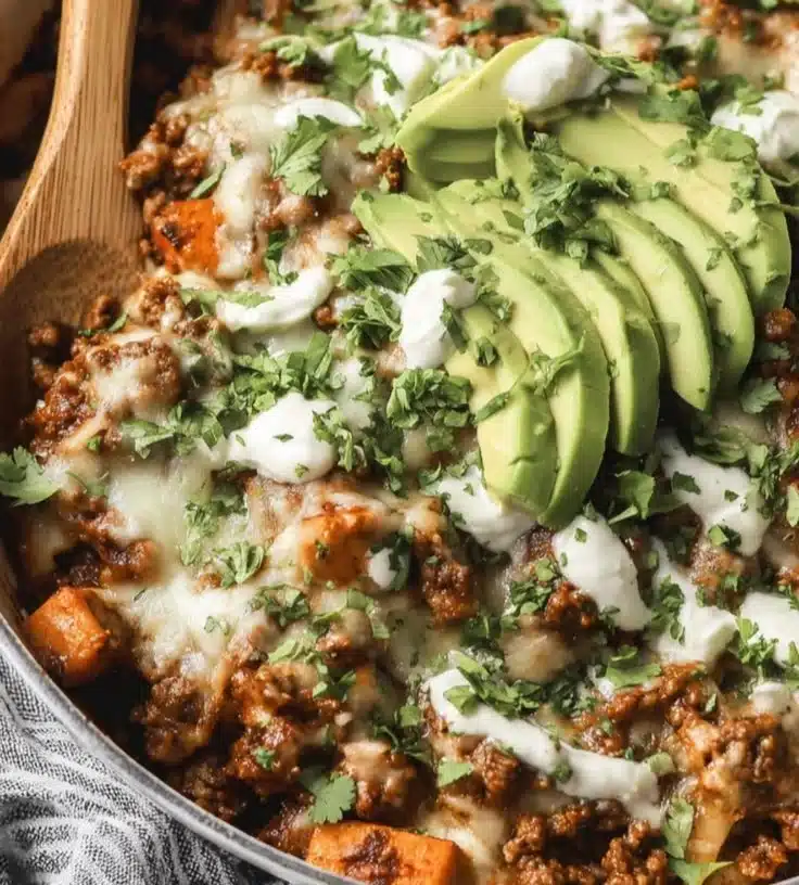 Delicious Ground Beef Enchilada Skillet topped with cheese and fresh herbs