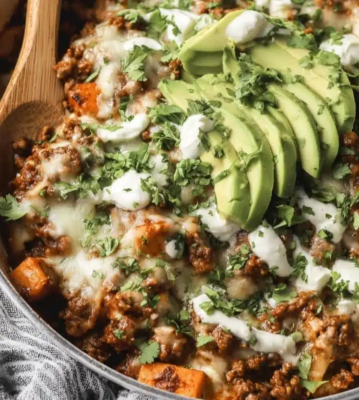 Ground Beef Enchilada Skillet dish featuring cheese, tortillas, and spices.