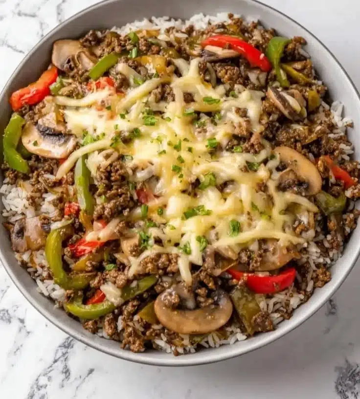 Ground Beef Philly Cheesesteak sandwich with melted cheese and peppers