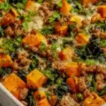 Ground Turkey Sweet Potato Bake topped with herbs and spices