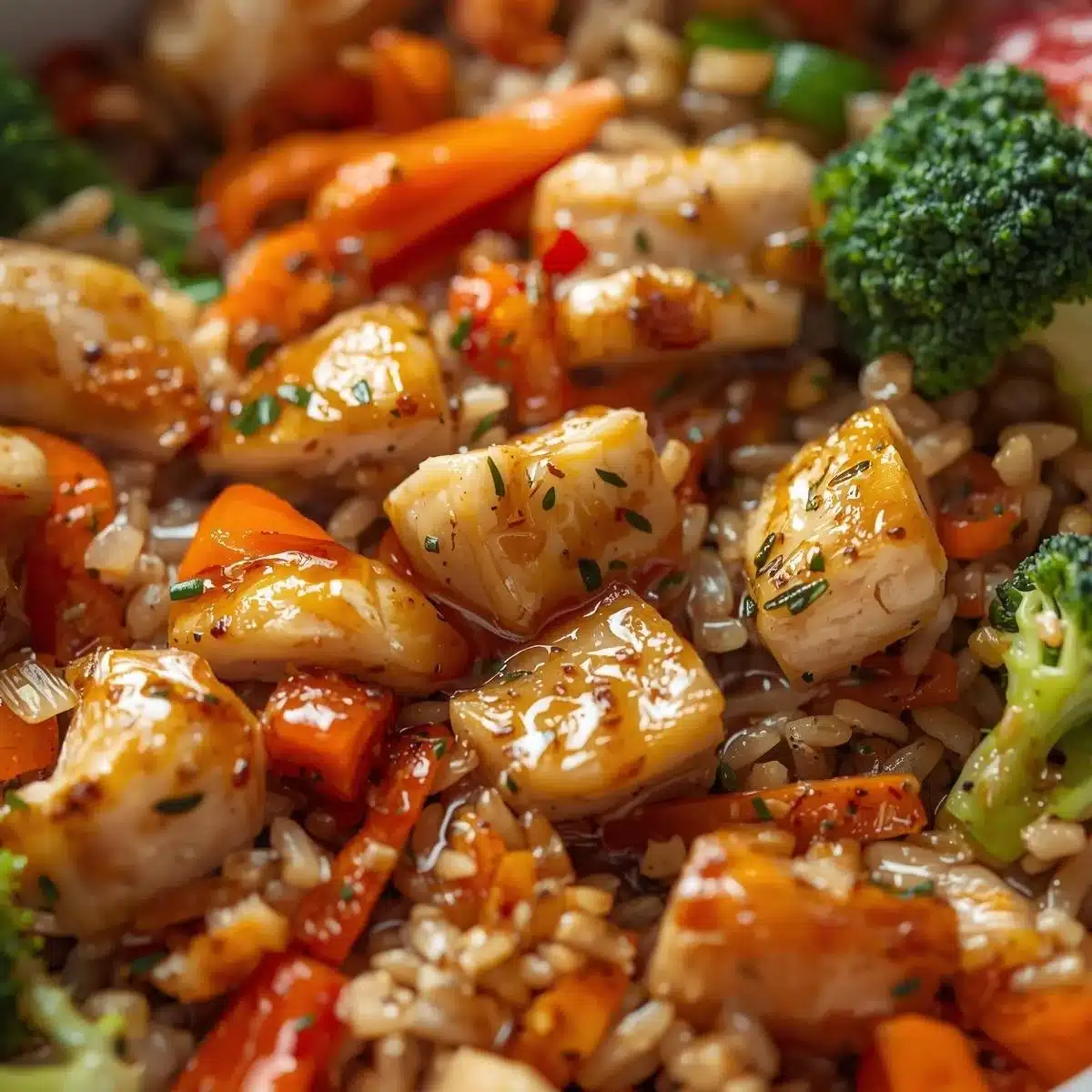 Healthy chicken rice bowl with fresh vegetables and lean chicken breast.