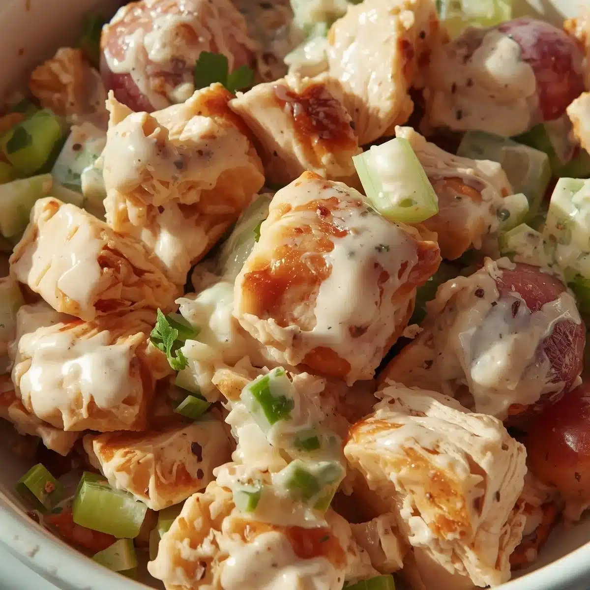 Healthy chicken salad with fresh vegetables and dressing