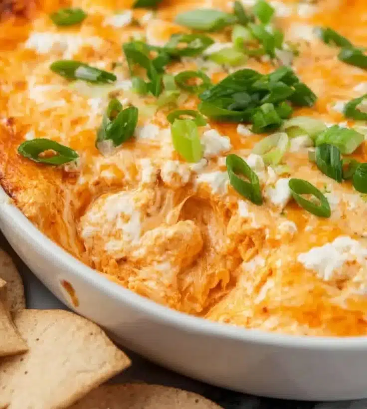 Healthy cottage cheese buffalo chicken dip served in a bowl