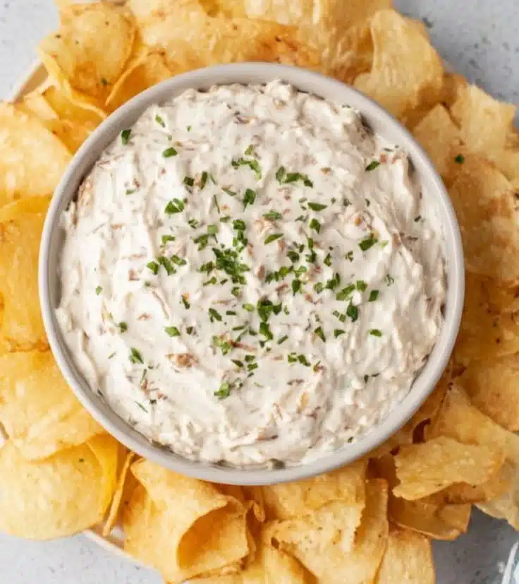 Healthy Greek Yogurt Onion Dip served with fresh vegetables