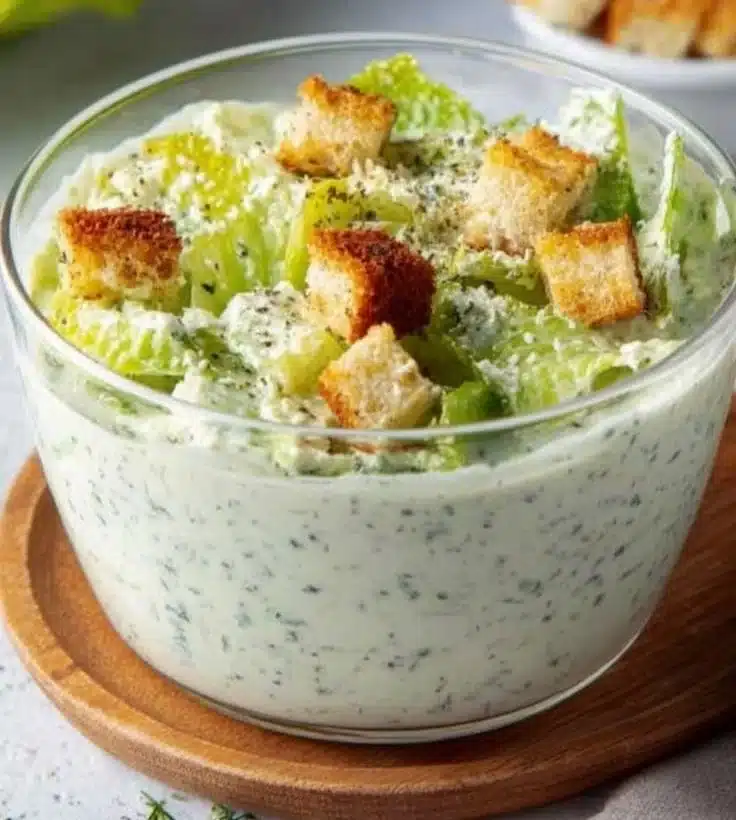 Bottle of high protein Caesar dressing on a salad bowl