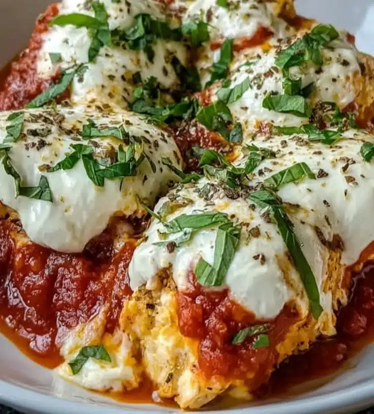 High Protein Chicken Parm Bowl with veggies and chicken on a plate