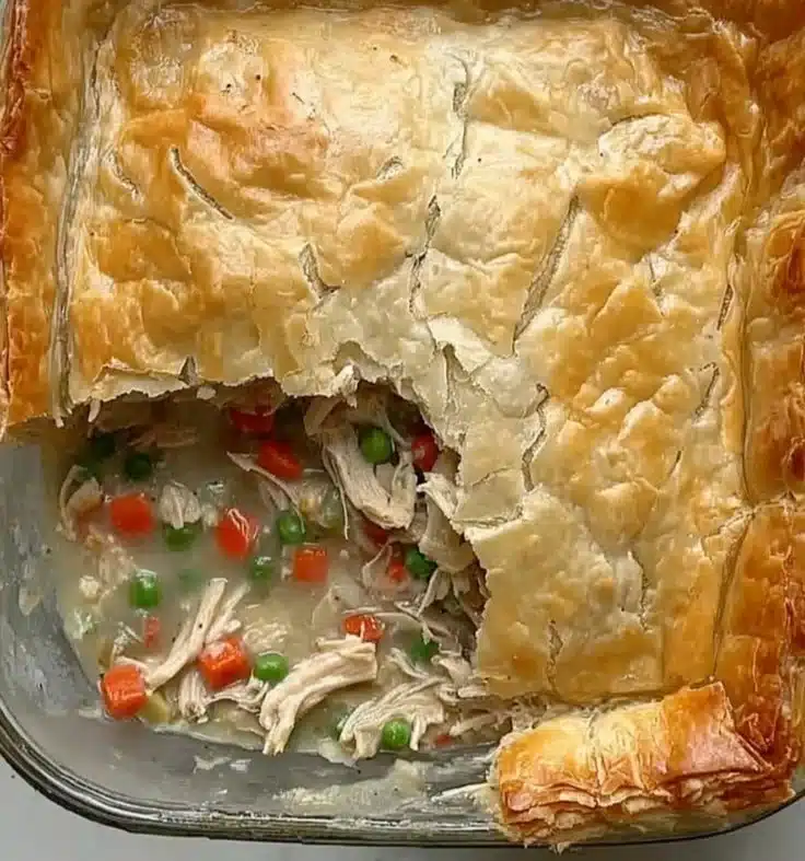 High protein chicken pot pie with vegetables and flaky crust