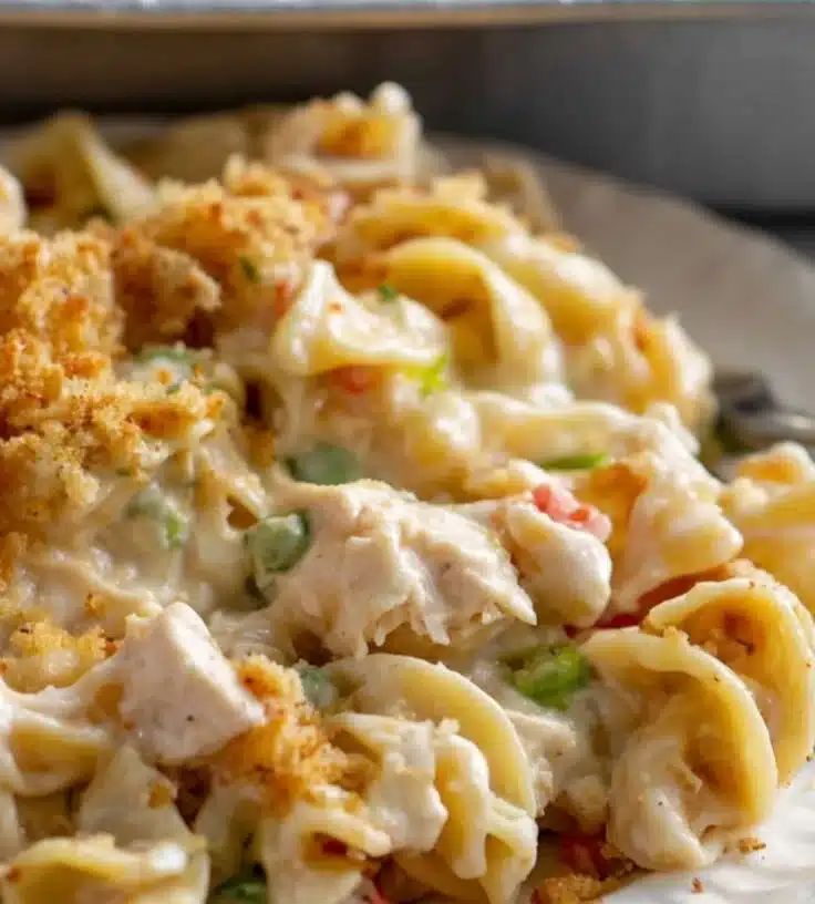 High protein creamy chicken noodle casserole served in a baking dish