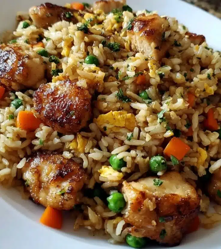 Plate of high protein crispy garlic chicken fried rice garnished with green onions.