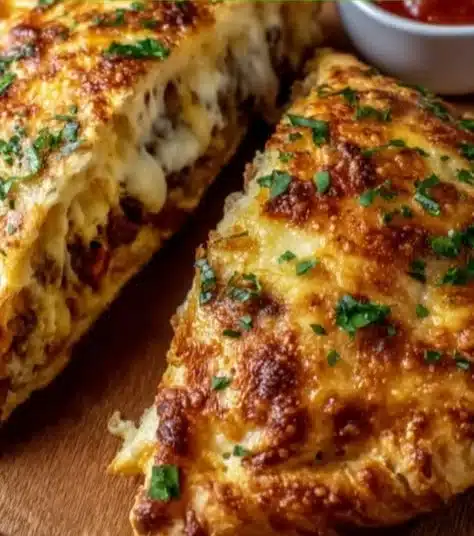 Delicious high-protein keto calzone filled with cheese and vegetables