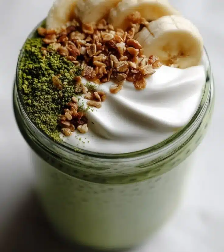 Bowl of high protein matcha chia pudding topped with fruits and nuts.