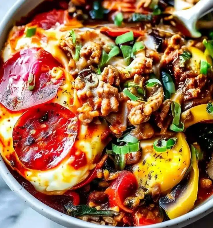High-Protein Pizza Bowl filled with vegetables, lean protein, and cheese.