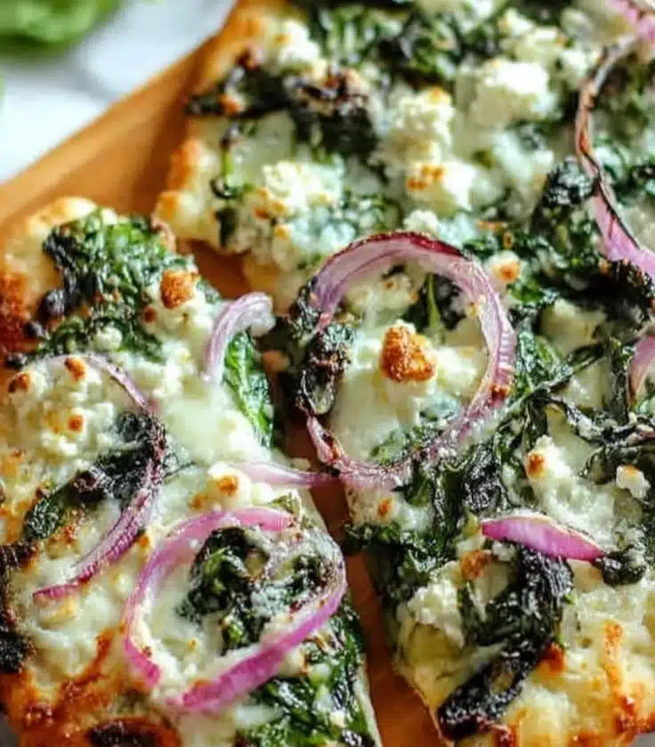 High-protein spinach feta flatbread pizza topped with fresh ingredients