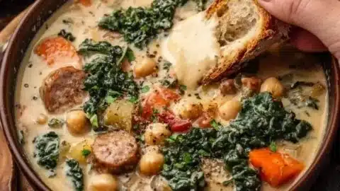 High protein white bean soup garnished with fresh herbs in a bowl.