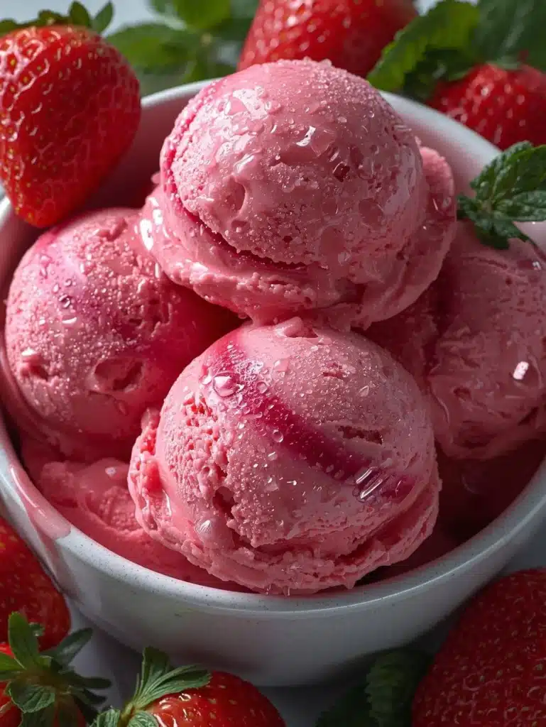 Delicious homemade strawberry ice cream in a bowl with fresh strawberries