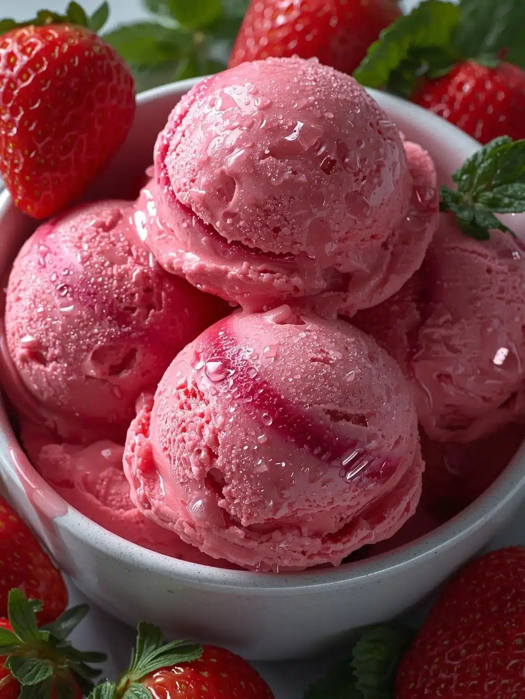 Delicious homemade strawberry ice cream in a bowl with fresh strawberries