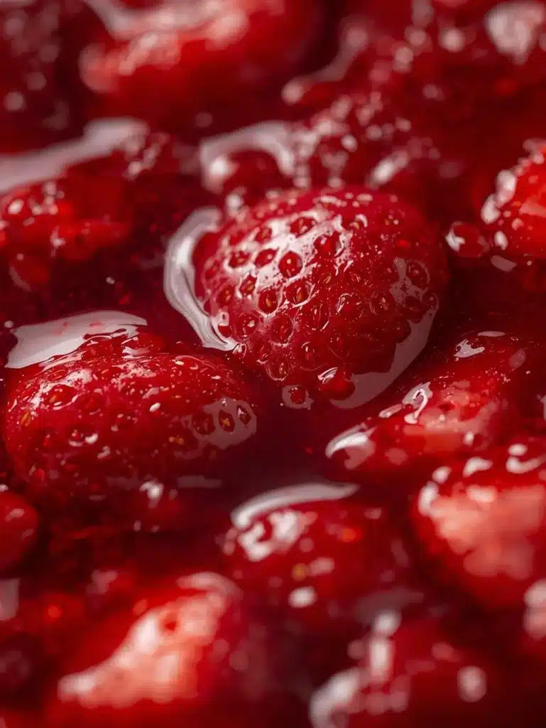 Delicious homemade strawberry sauce in a glass jar with fresh strawberries.