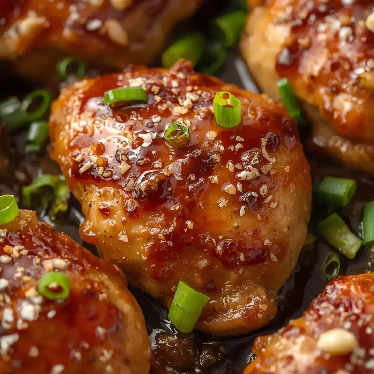 Plate of Honey Garlic Chicken garnished with green onions and sesame seeds