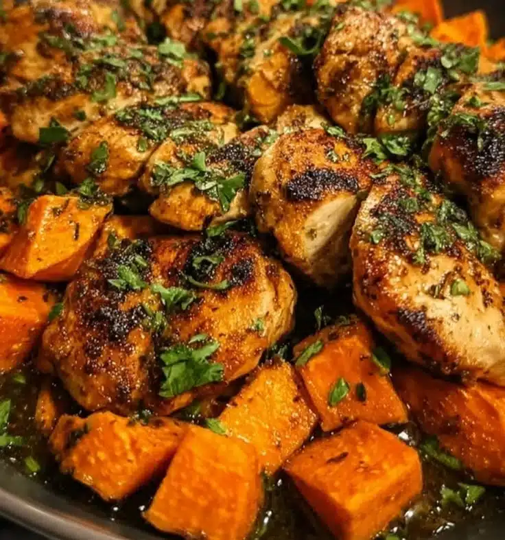 Plate of honey garlic chicken served with roasted sweet potatoes.