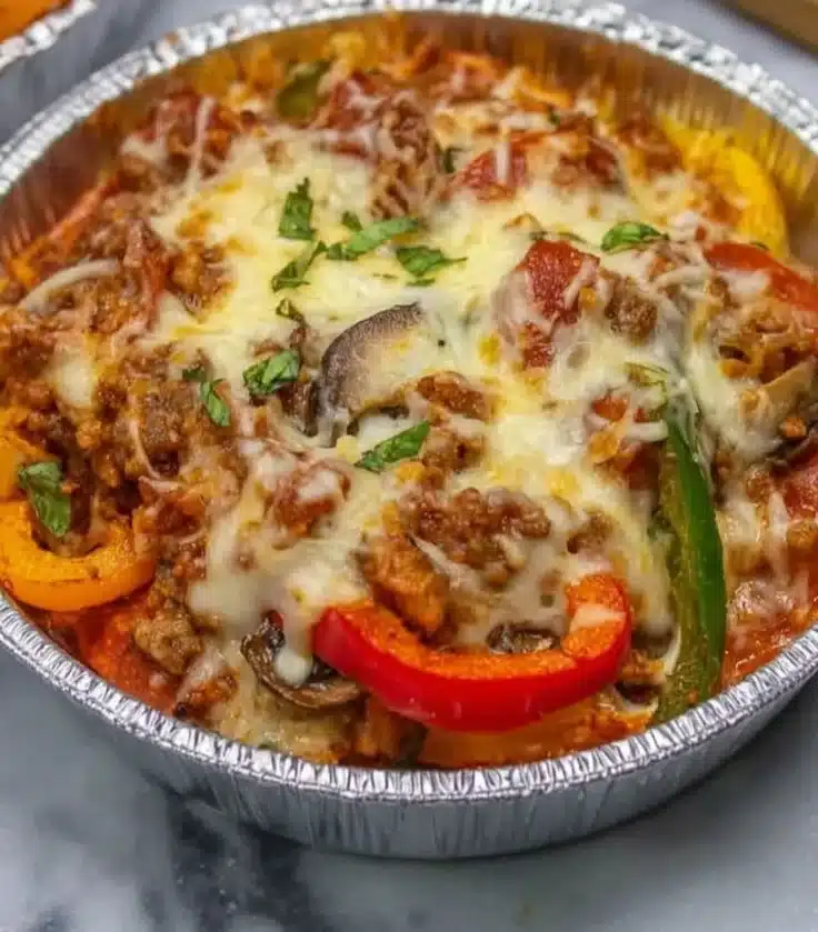 A delicious crustless Keto pizza bowl topped with vegetables and cheese.