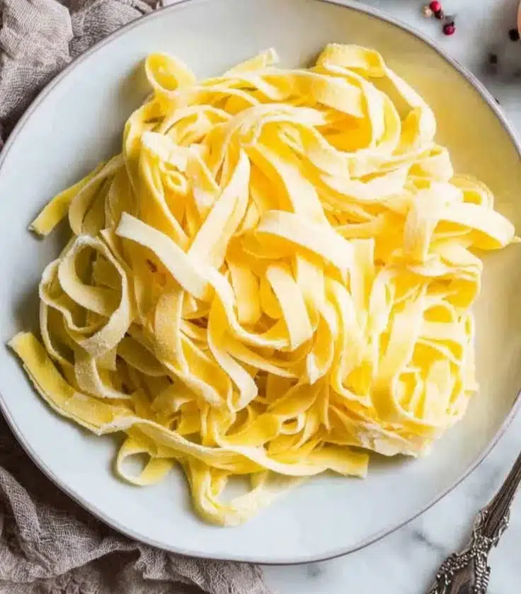 Bowl of homemade Keto Egg Noodles served with vegetables and sauce