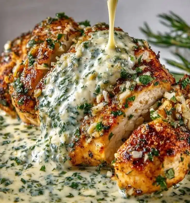 Keto Garlic Parmesan Chicken with herbs and spices served on a plate