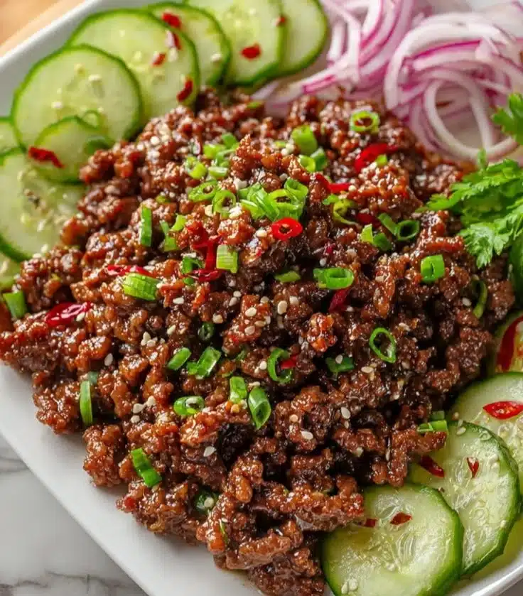 Plate of Korean ground beef served with a fresh cucumber salad